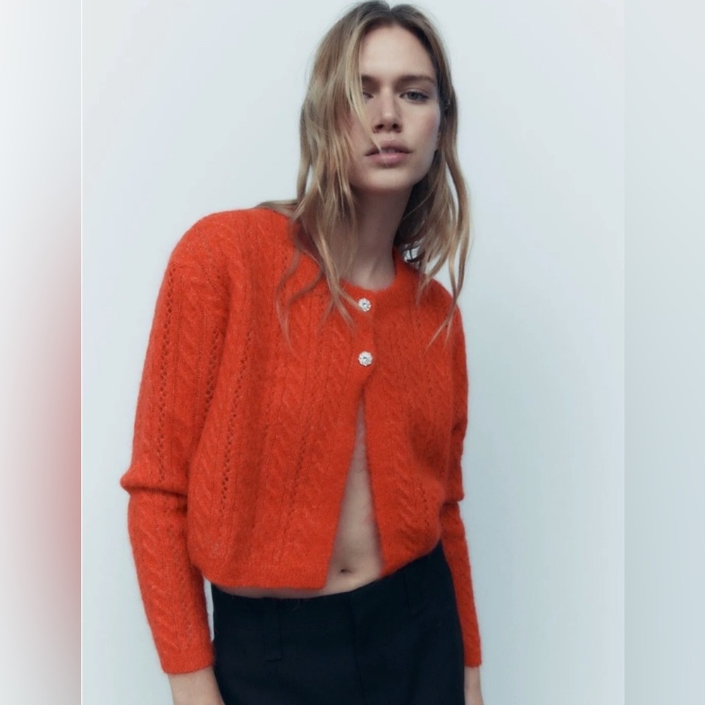 Zara Orange Red Knitted Alpaca blend Long Sleeve Jeweled Button Cropped Cardigan